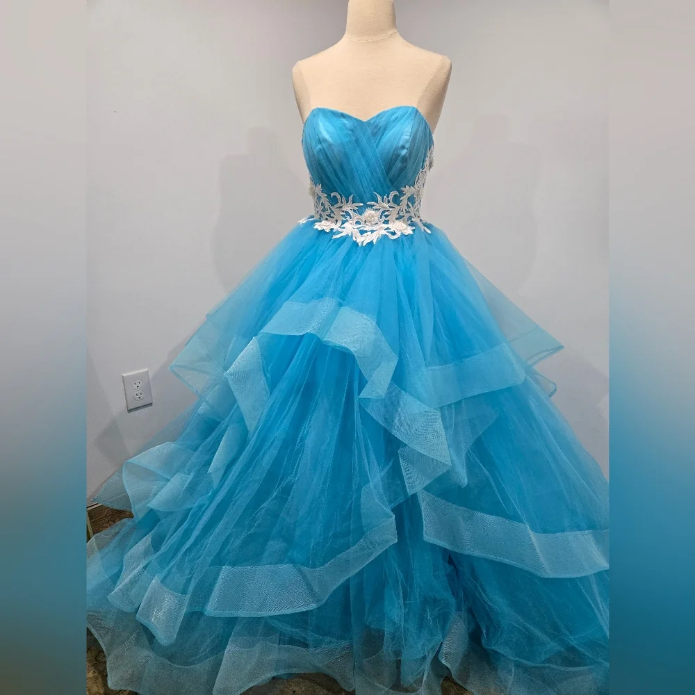 Mila Hoffman Custom Couture Ball Gown, Blue Topaz, White Floral Emroidered Waist - Picture 4 of 17